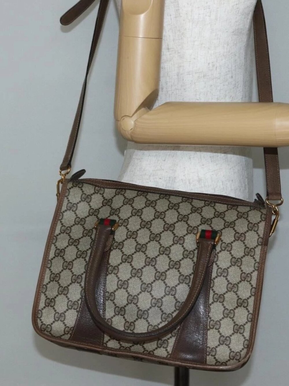 GUCCI GG Supreme Web Sherry Line Tote Bag PVC Beige Gold 41 02 039 Auth 144132